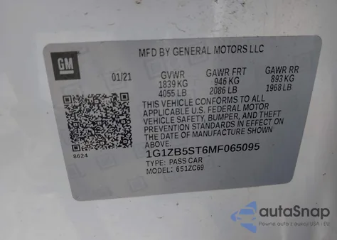 2021 Chevrolet Malibu Fwd Ls из США, поврежденный, VIN 1G1ZB5ST6MF065095